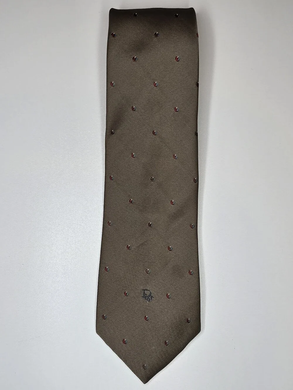 Vintage Christian Dior Necktie Brown Red Blue Dot Pattern 95% Polyester 5% Silk